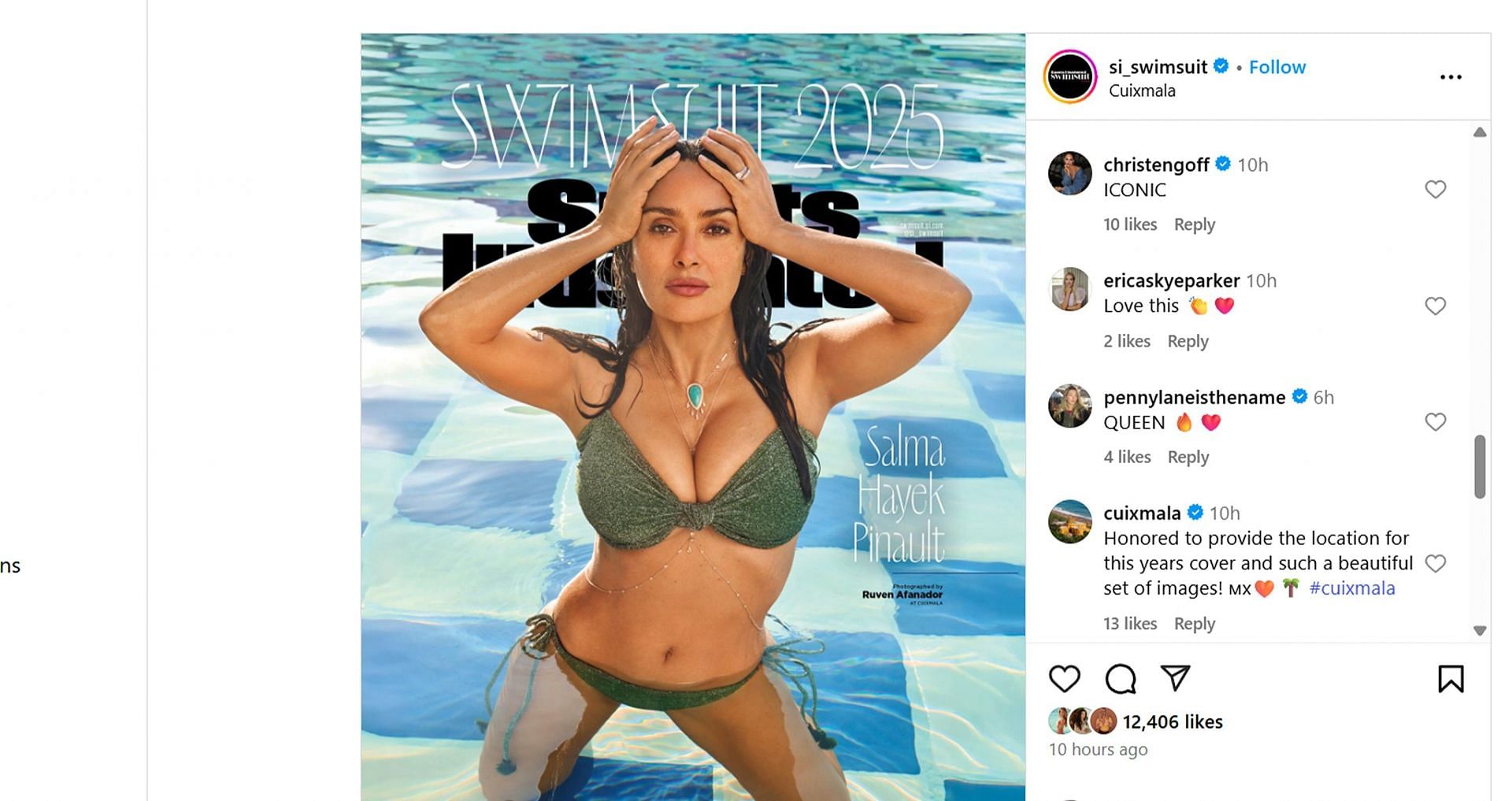 Jared Goff's wife, Christen Harper, sends a 1-word message for Salma Hayek's 2025 SI Swimsuit cover/@si_swimsuit